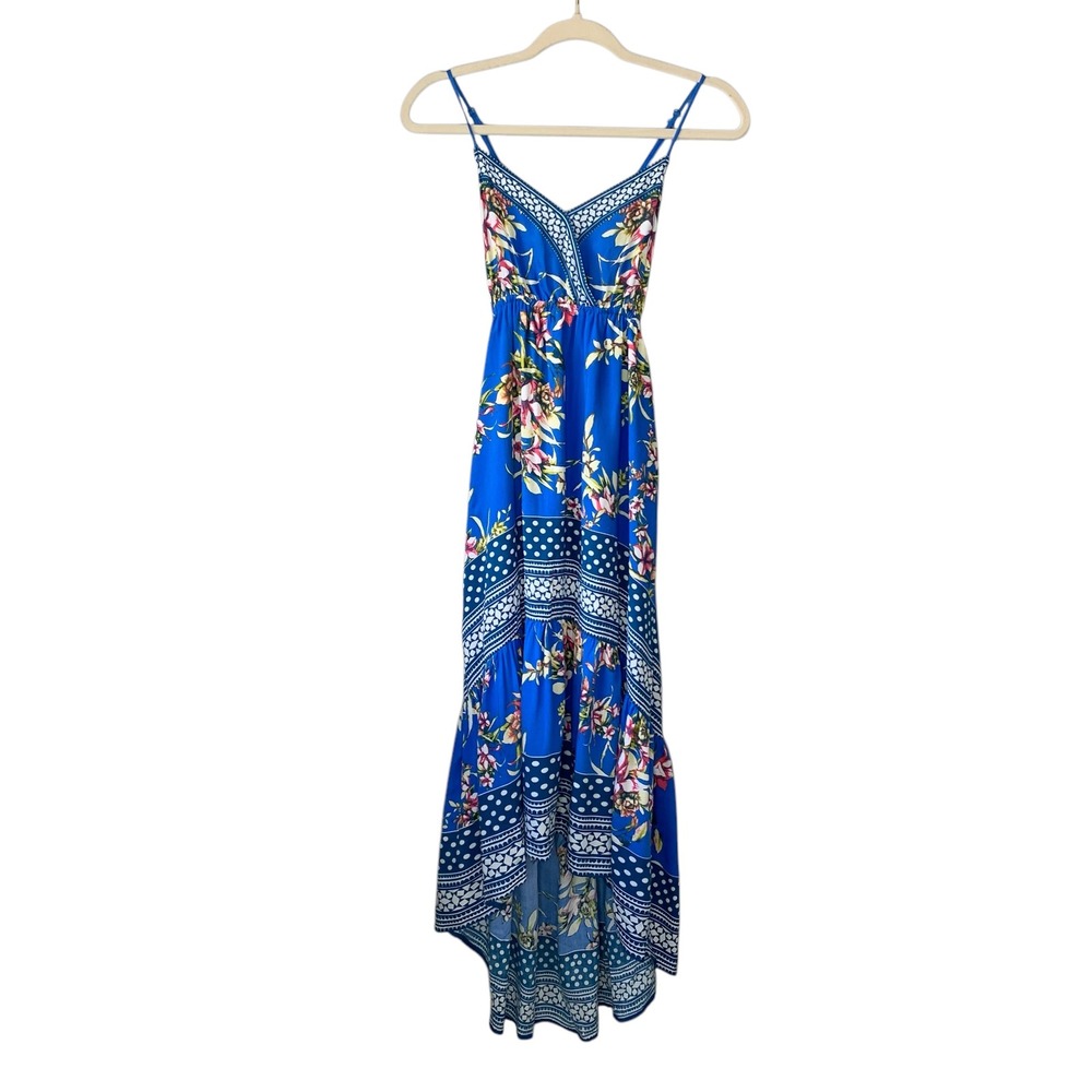 Jealous Tomato royal blue and floral spaghetti strap hi/low maxi dress.‎ Size S
